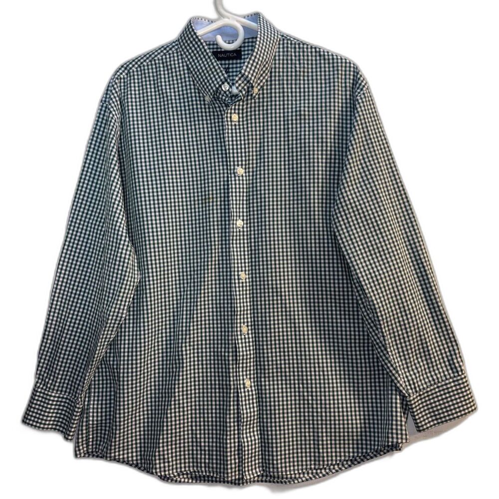 Nautica Gingham Plaid Button Up Shirt Long Sleeve Green & White Mens 16 1/2
